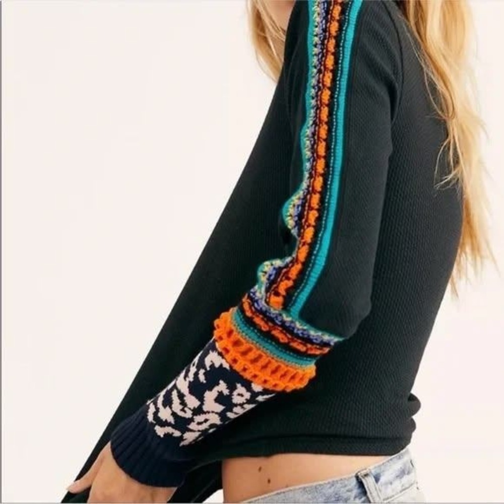 Free People Switch It Up Mock Neck Thermal Top M Leopard Crochet Mixed Media - Picture 2 of 13